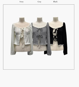 Core Square Neck Ribbon Strap Lace Frill Shirring Golji Cardigan