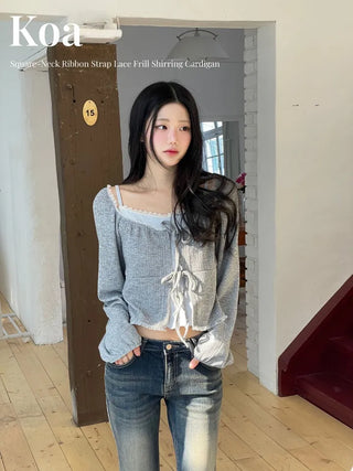 Core Square Neck Ribbon Strap Lace Frill Shirring Golji Cardigan