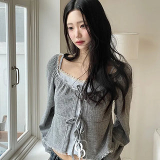 Core Square Neck Ribbon Strap Lace Frill Shirring Golji Cardigan
