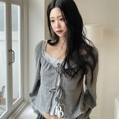 Core Square Neck Ribbon Strap Lace Frill Shirring Golji Cardigan