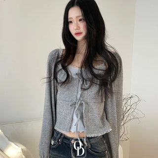 Core Square Neck Ribbon Strap Lace Frill Shirring Golji Cardigan