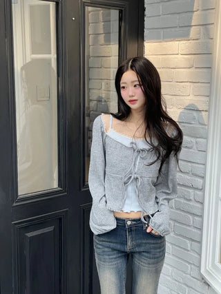 Core Square Neck Ribbon Strap Lace Frill Shirring Golji Cardigan