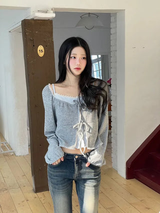 Core Square Neck Ribbon Strap Lace Frill Shirring Golji Cardigan