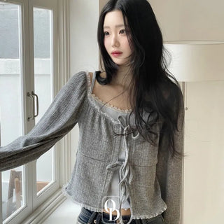 Core Square Neck Ribbon Strap Lace Frill Shirring Golji Cardigan