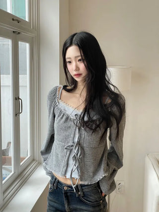 Core Square Neck Ribbon Strap Lace Frill Shirring Golji Cardigan