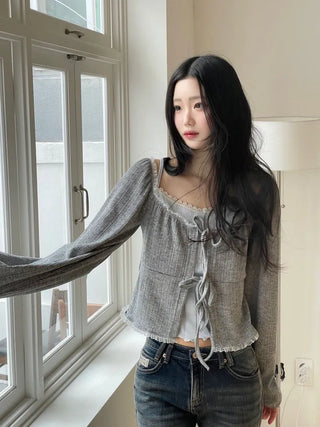 Core Square Neck Ribbon Strap Lace Frill Shirring Golji Cardigan