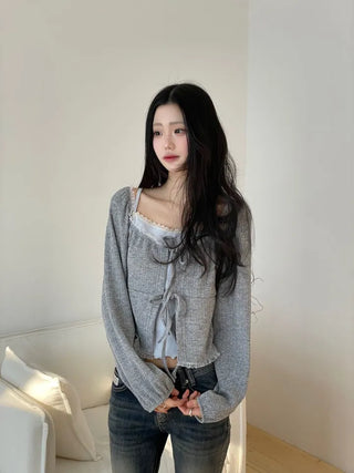 Core Square Neck Ribbon Strap Lace Frill Shirring Golji Cardigan