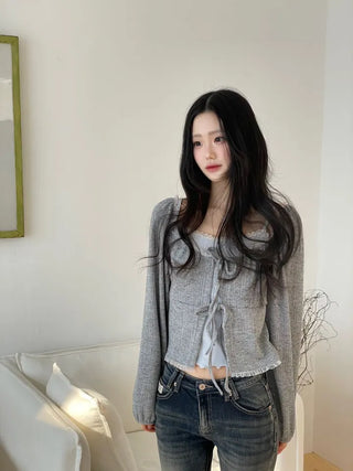Core Square Neck Ribbon Strap Lace Frill Shirring Golji Cardigan