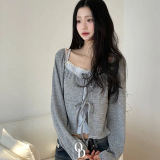Core Square Neck Ribbon Strap Lace Frill Shirring Golji Cardigan