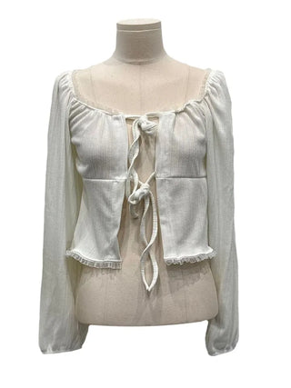 Core Square Neck Ribbon Strap Lace Frill Shirring Golji Cardigan