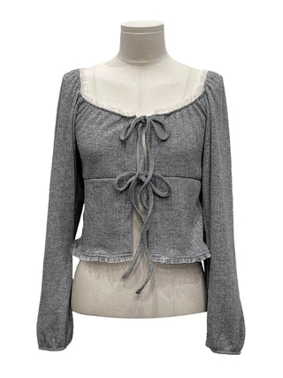 Core Square Neck Ribbon Strap Lace Frill Shirring Golji Cardigan