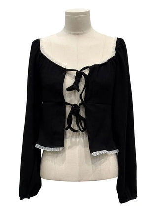 Core Square Neck Ribbon Strap Lace Frill Shirring Golji Cardigan