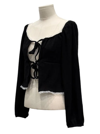 Core Square Neck Ribbon Strap Lace Frill Shirring Golji Cardigan