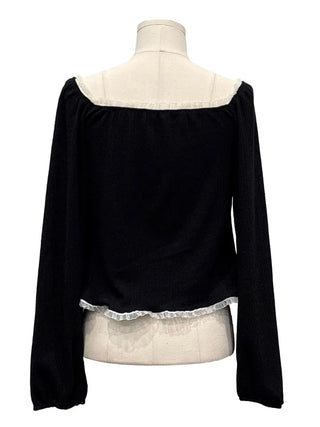 Core Square Neck Ribbon Strap Lace Frill Shirring Golji Cardigan