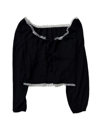 Core Square Neck Ribbon Strap Lace Frill Shirring Golji Cardigan
