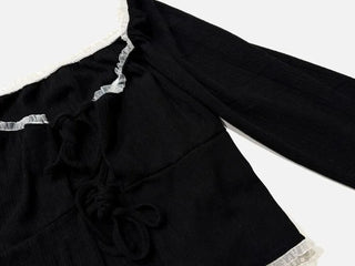 Core Square Neck Ribbon Strap Lace Frill Shirring Golji Cardigan