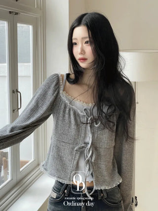 Core Square Neck Ribbon Strap Lace Frill Shirring Golji Cardigan