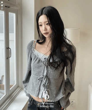 Core Square Neck Ribbon Strap Lace Frill Shirring Golji Cardigan