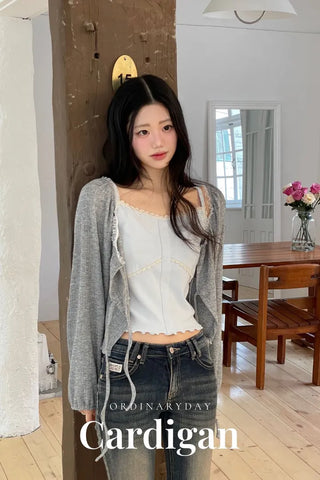 Core Square Neck Ribbon Strap Lace Frill Shirring Golji Cardigan