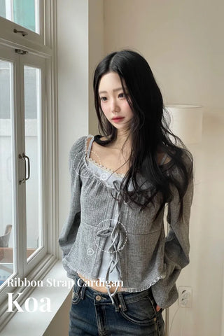 Core Square Neck Ribbon Strap Lace Frill Shirring Golji Cardigan