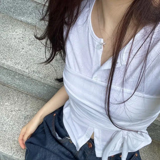Wade short sleeve mood button two-way wave wrap short sleeve cardigan