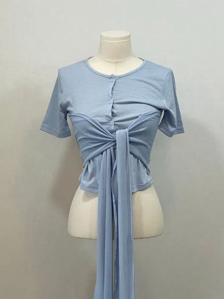 Wade short sleeve mood button two-way wave wrap short sleeve cardigan