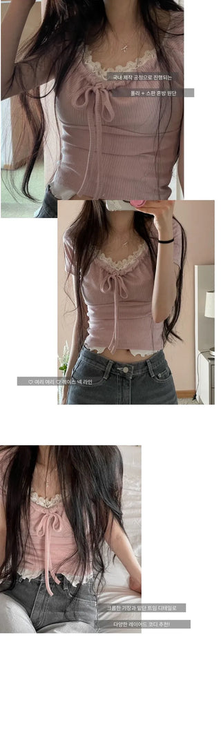 Yuka lace V-neck slit wave trim sleeveless one color