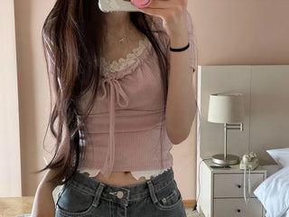 Yuka lace V-neck slit wave trim sleeveless one color
