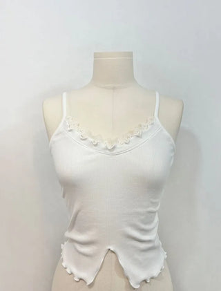 Yuka lace V-neck slit wave trim sleeveless one color