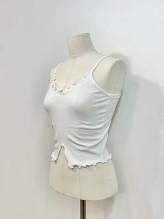 Yuka lace V-neck slit wave trim sleeveless one color