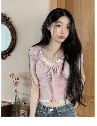Yuka lace V-neck slit wave trim sleeveless one color