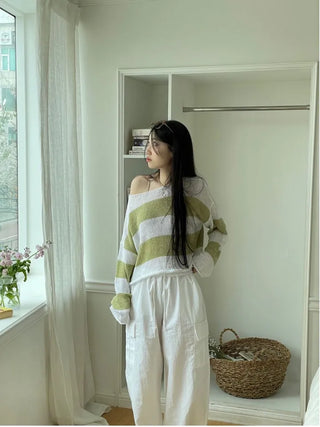 Nut loose fit striped boat neck loose knit