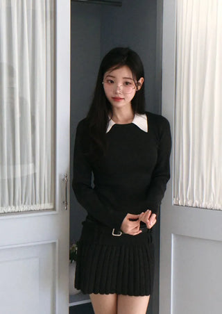 Aira pleated collar neck belt one-piece set