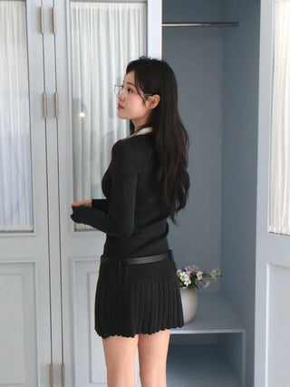 Aira pleated collar neck belt one-piece set