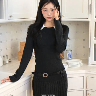 Aira pleated collar neck belt one-piece set