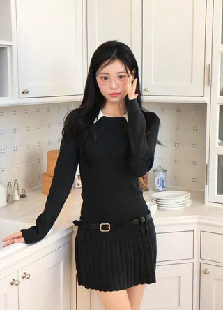 Aira pleated collar neck belt one-piece set