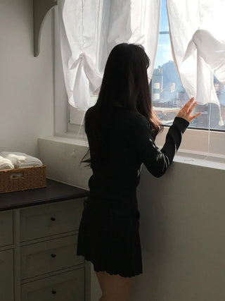 Aira pleated collar neck belt one-piece set