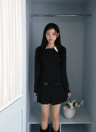 Aira pleated collar neck belt one-piece set