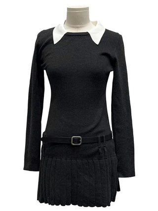 Aira pleated collar neck belt one-piece set