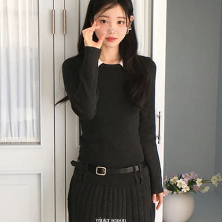 Aira pleated collar neck belt one-piece set