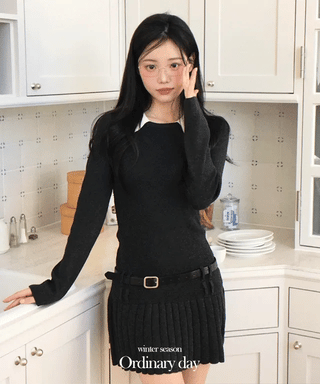 Aira pleated collar neck belt one-piece set