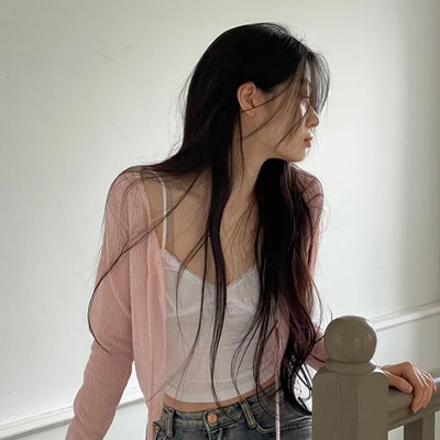 Rooney loose fit ribbon see-through long sleeve cardigan