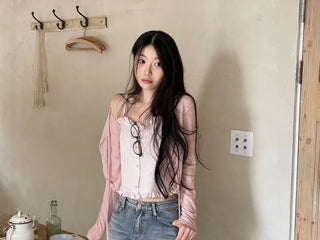 Rooney loose fit ribbon see-through long sleeve cardigan