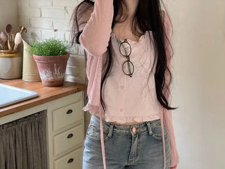 Rooney loose fit ribbon see-through long sleeve cardigan