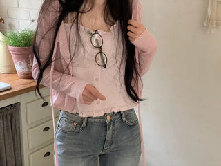 Rooney loose fit ribbon see-through long sleeve cardigan