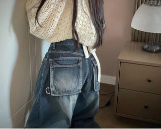 Lujin Vintage Volume Pocket D-Ring Stitch Wide Denim Long Pants