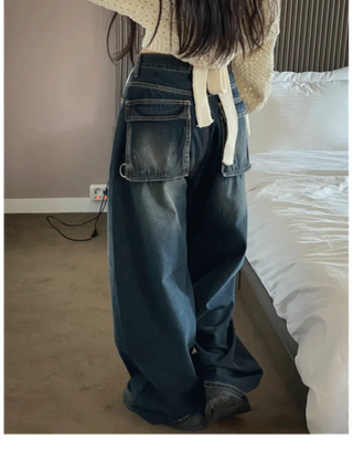 Lujin Vintage Volume Pocket D-Ring Stitch Wide Denim Long Pants