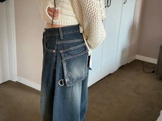 Lujin Vintage Volume Pocket D-Ring Stitch Wide Denim Long Pants