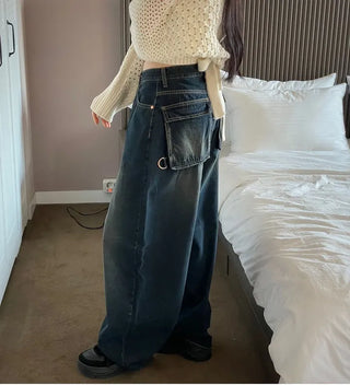 Lujin Vintage Volume Pocket D-Ring Stitch Wide Denim Long Pants