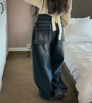 Lujin Vintage Volume Pocket D-Ring Stitch Wide Denim Long Pants
